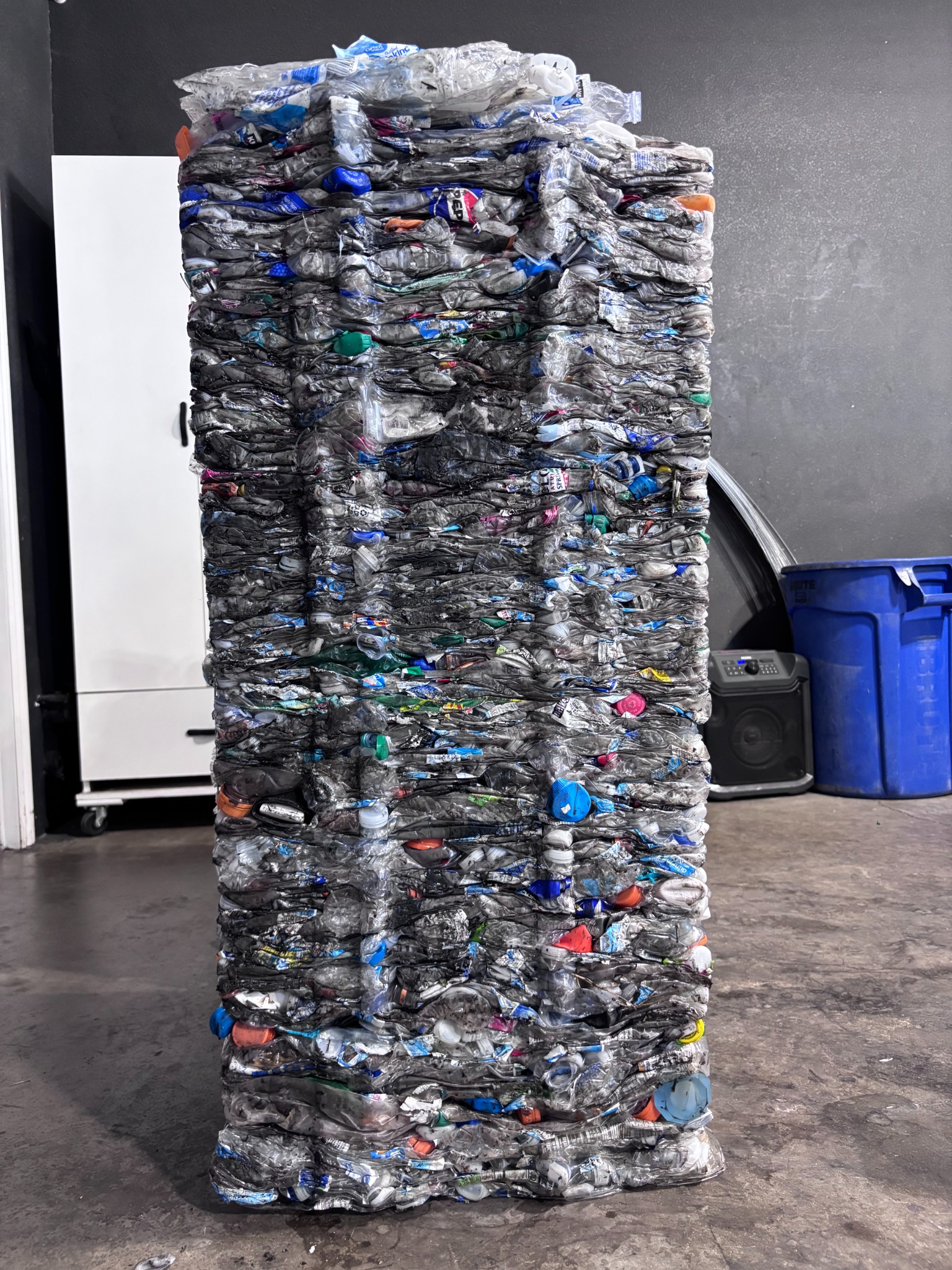 Compressed CRV plastic ready for recycling